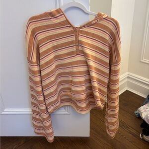 Roxy Striped Hooded Henley Sweater in Peach, Pink, Mustard, and Cream
